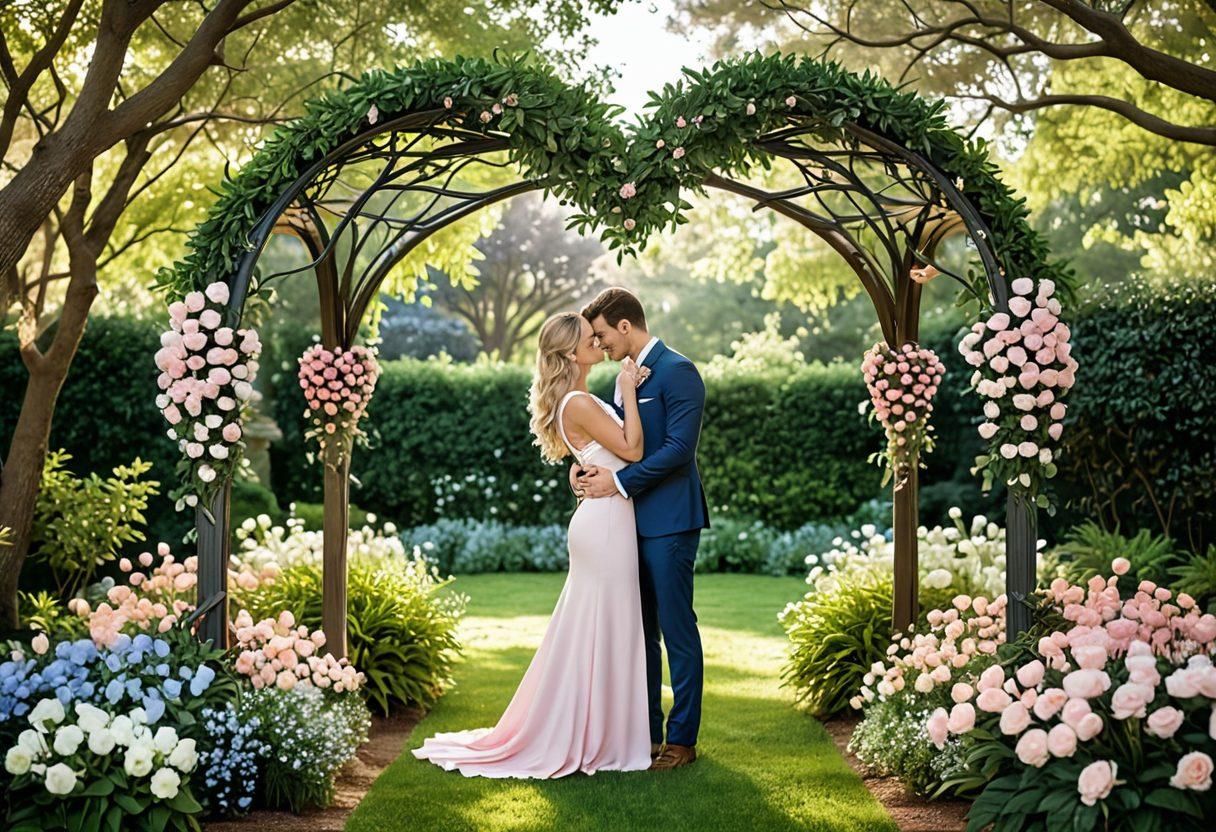 A warm and inviting scene depicting a couple embracing under a heart-shaped canopy, with symbolic icons of insurance like a shield and a heart intertwined. In the background, a lush garden represents growth and protection of their passionate relationship. The color scheme should be soft pastels to evoke feelings of love and security. super-realistic. vibrant colors. soft focus.