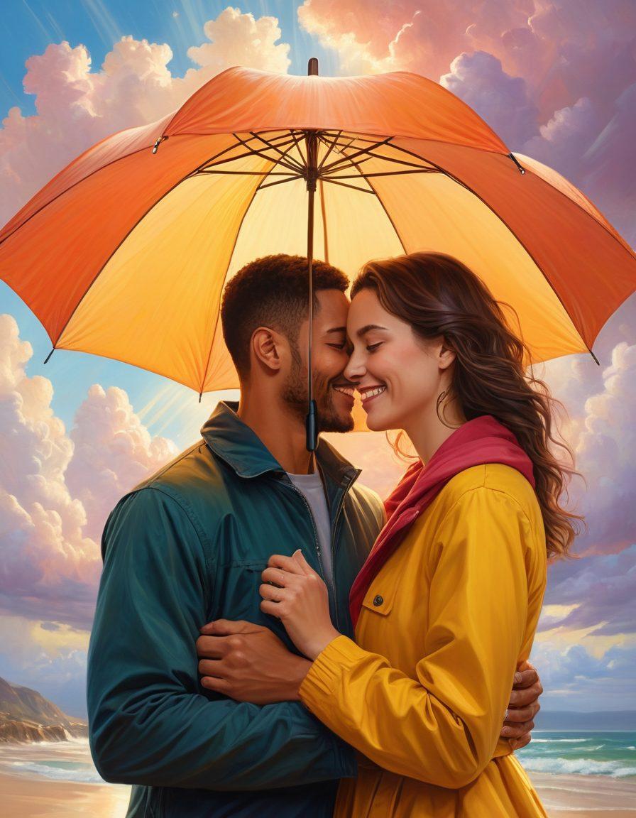 A warm and inviting scene featuring a couple embracing each other under a protective umbrella, symbolizing love and coverage. In the background, a diverse array of life symbols, such as a family, home, and health icons, are blended artistically. Soft pastel colors create a soothing atmosphere, while rays of sunlight break through fluffy clouds, representing hope and security. The couple's joyful expressions highlight the importance of protection in relationships. vibrant colors. super-realistic. soft focus.