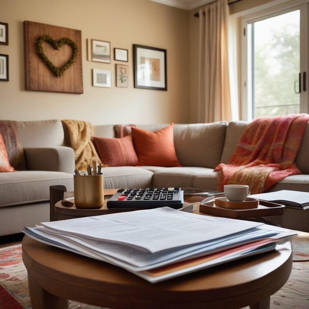 A cozy home interior depicting a family gathered together, surrounded by symbols of safety such as a cozy blanket, a heart-shaped lock, and an umbrella. Include a visual representation of tailored insurance such as policy documents and a calculator. The atmosphere should feel warm and protective, symbolizing the security of affectionate bonds. soft focus. warm colors. super-realistic.
